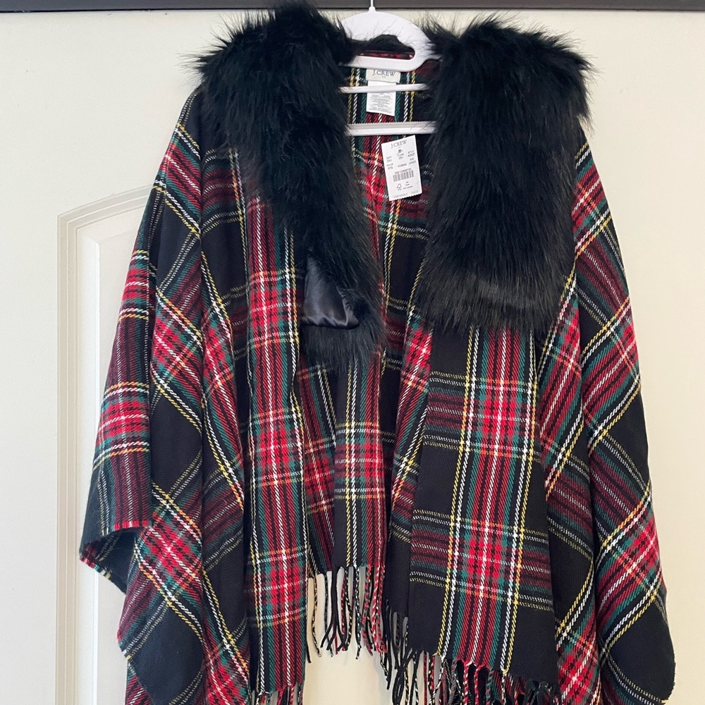 J. Crew red plaid fur collar wrap